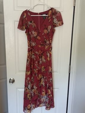 DKNY Burgundy Floral Wrap Midi Dress